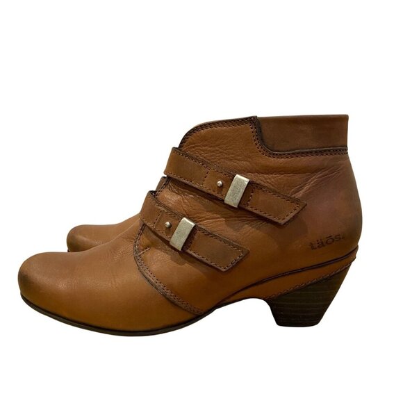 Taos Womens Brown Leather Ankle Boots With Straps chunky heels hook & loop 39 - Picture 1 of 16